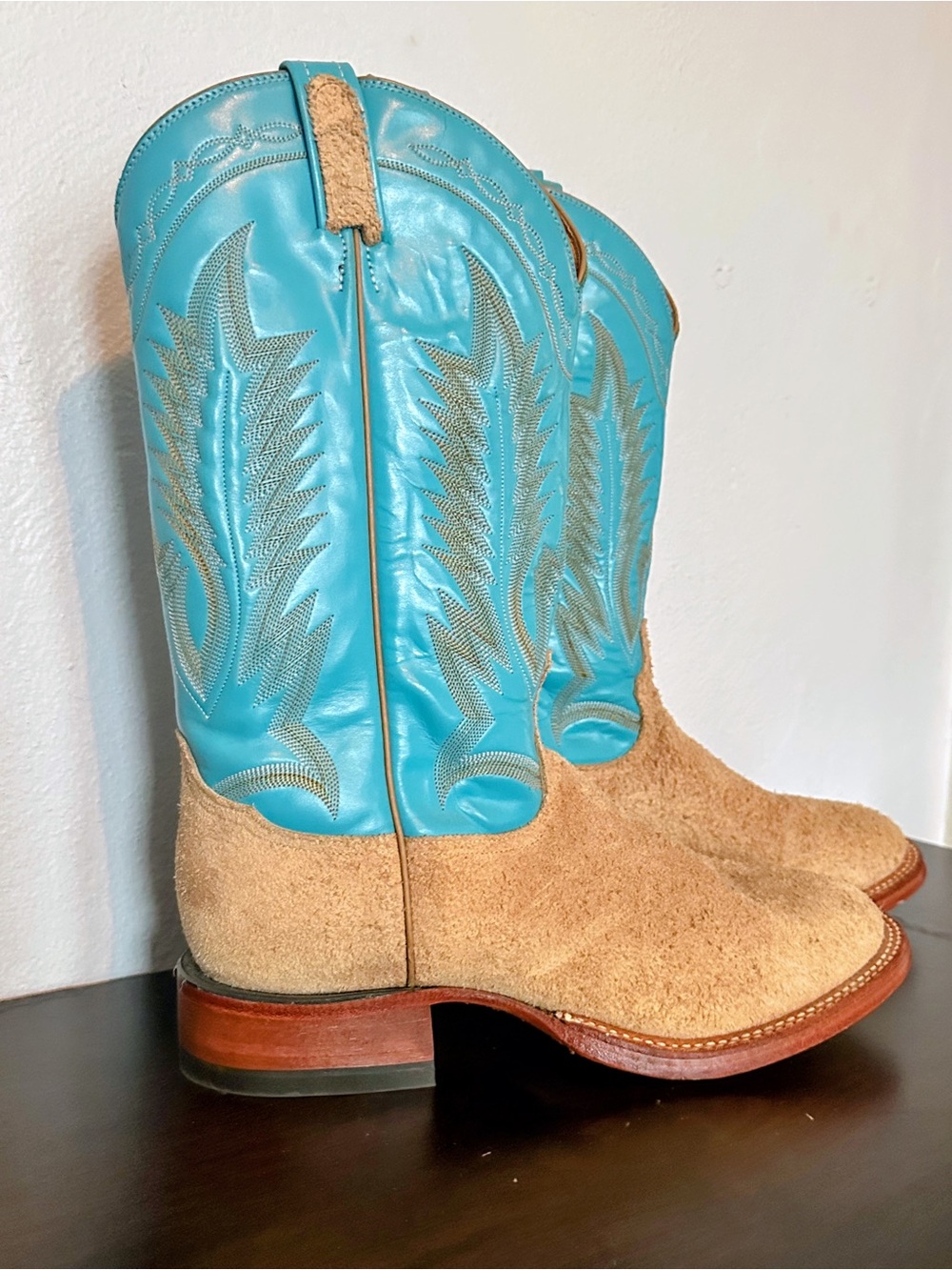 RARE Men's Tommy Llama Western Cowboy Boots Rough Suede Blue Tan Size 10 R5328